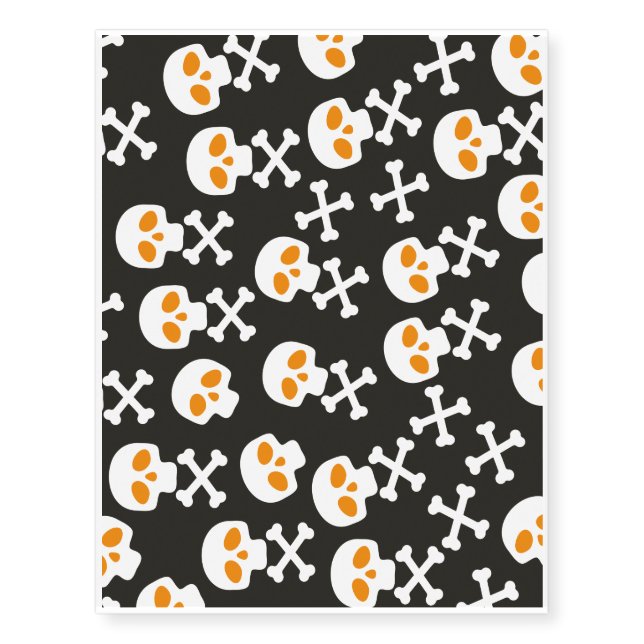 Spooky Halloween White Skulls Pattern on Black Temporary Tattoos (Front)