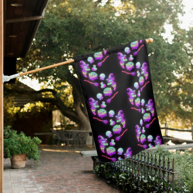 Spooky Halloween Witch Bright Colorful Pattern House Flag (In SItu)