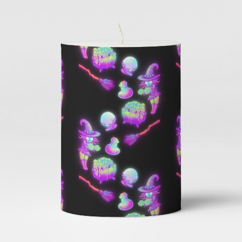 Spooky Halloween Witch Bright Colorful Pattern Pillar Candle