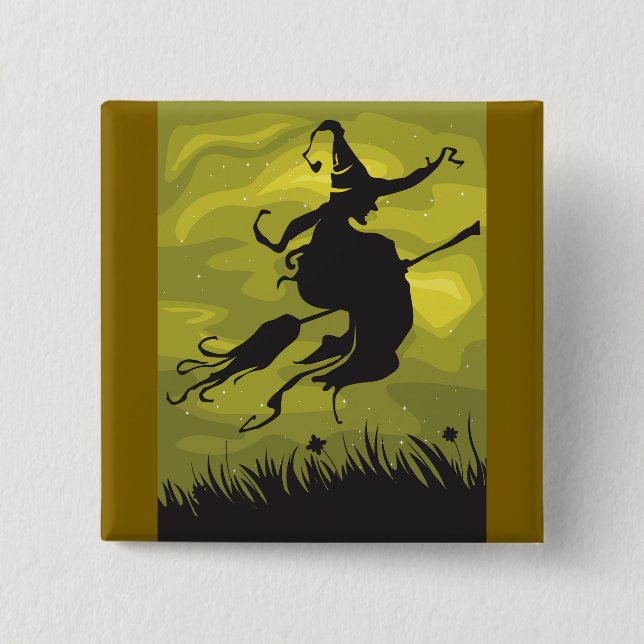 Spooky Halloween Witch Flying on Broomstick Button (Front)