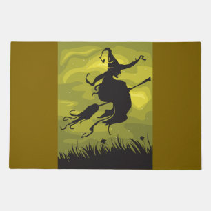 Spooky Halloween Witch Flying on Broomstick Doormat