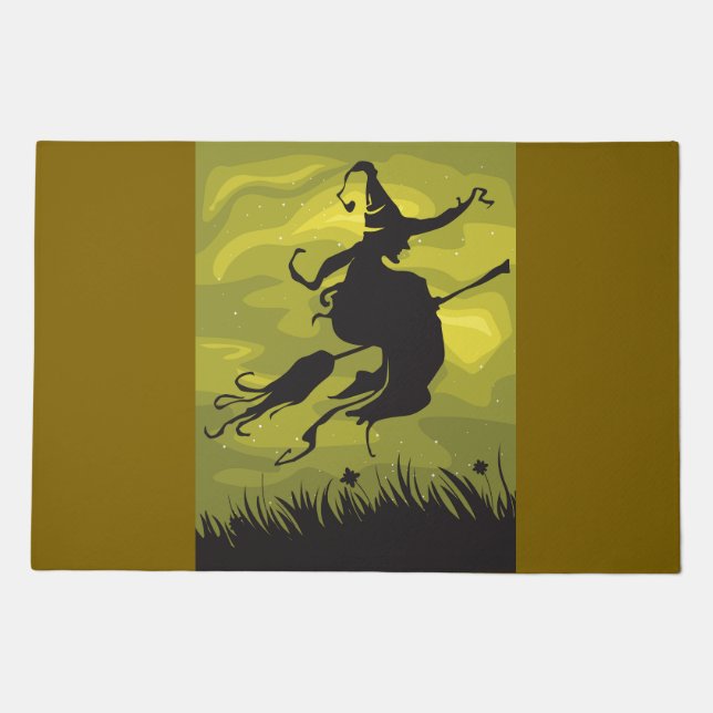 Spooky Halloween Witch Flying on Broomstick Doormat (Front)
