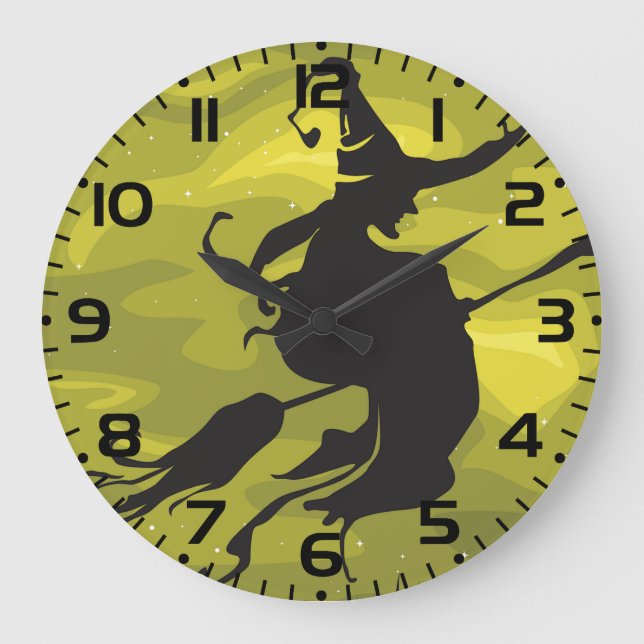 Spooky Halloween Witch Flying on Broomstick Large Clock (Front)