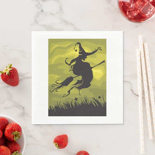 Spooky Halloween Witch Flying on Broomstick Napkins (Creator Uploaded)