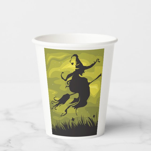 Spooky Halloween Witch Flying on Broomstick Paper Cups (Front)