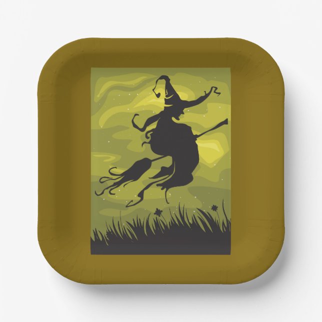 Spooky Halloween Witch Flying on Broomstick Paper Plates (Front)