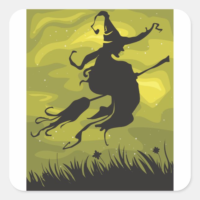 Spooky Halloween Witch Flying on Broomstick Square Sticker (Front)