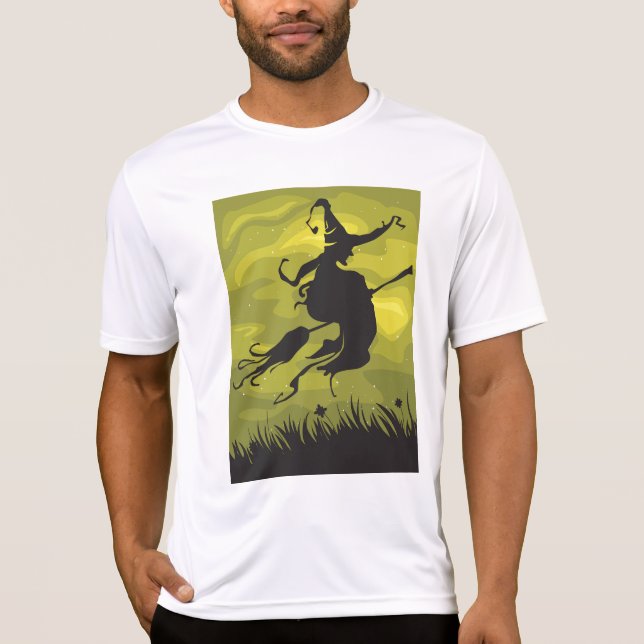 Spooky Halloween Witch Flying on Broomstick T-Shirt (Front)