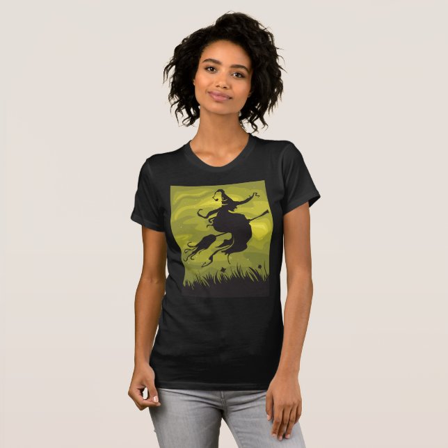 Spooky Halloween Witch Flying on Broomstick T-Shirt (Front Full)