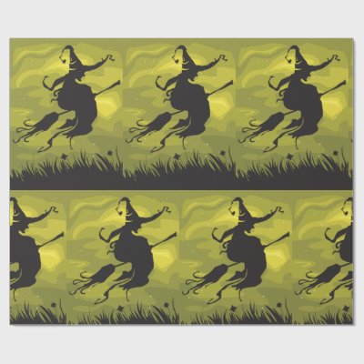 Spooky Halloween Witch Flying on Broomstick Wrapping Paper
