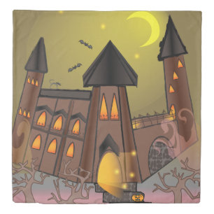 Spooky Halloween witch house and vampires castle Duvet Cover