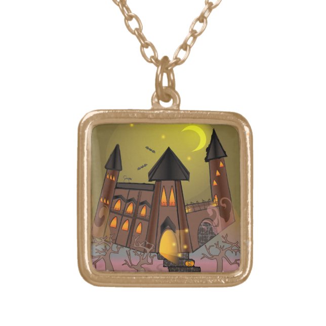 Spooky Halloween witch house and vampires castle  Gold Plated Necklace (Front)