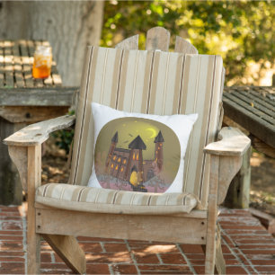 Spooky Halloween witch house and vampires castle Outdoor Pillow