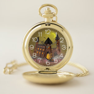 Spooky Halloween witch house and vampires castle Pocket Watch
