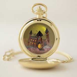 Spooky Halloween witch house and vampires castle  Pocket Watch