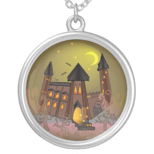 Spooky Halloween witch house and vampires castle Silver Plated Necklace