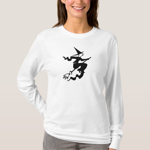 spooky halloween witch on flying broomstick fun T_Shirt