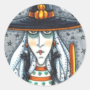 SPOOKY HALLOWEEN WITCH, WEARING BLACK CAT JEWELERY CLASSIC ROUND STICKER