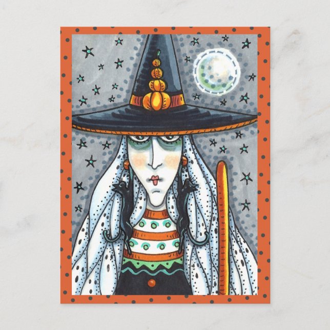 SPOOKY HALLOWEEN WITCH, WEARING BLACK CAT JEWELERY POSTCARD (Front)