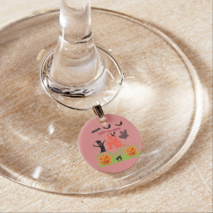 Spooky Halloween With Bats, Pumpkins,Black Cat Wine Charm
