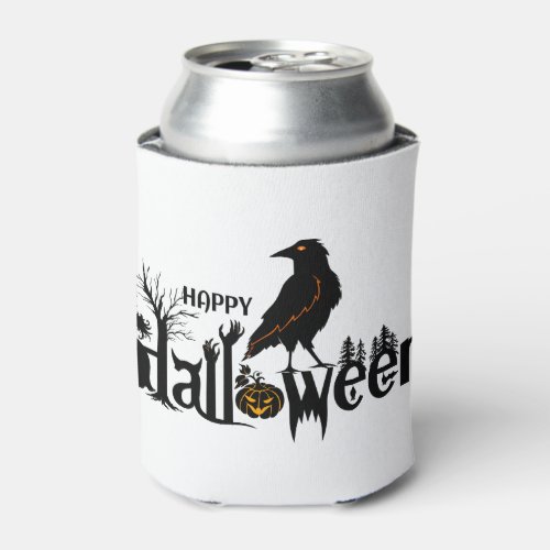 Spooky Halloween With Crow Illustration Can Cooler