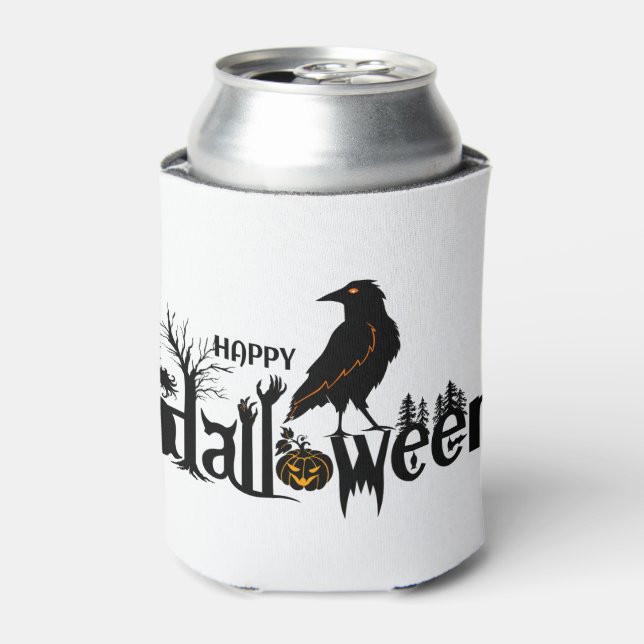 Spooky Halloween With Crow Illustration Can Cooler (Can Front)