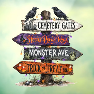 Spooky Halloween Wooden Directional Signpost Window Cling