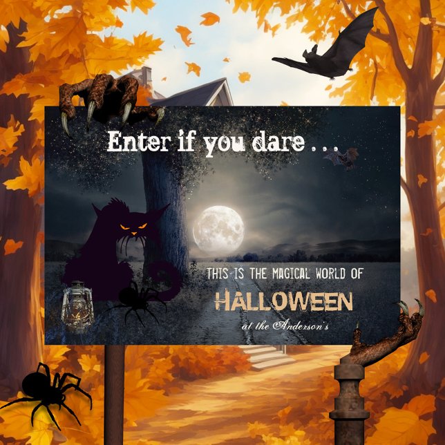 Spooky Halloween Yard Sign (Halloween yard sign showing a painting of dark night landscape at full moon with cat, bat and spider)