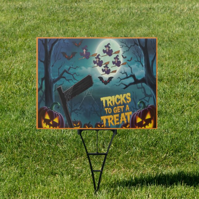 Spooky Halloween yard sign with witches and bats (Insitu)