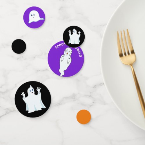 Spooky Hallowen Ghosts on Black  Purple Confetti