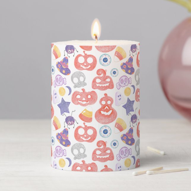 Spooky Hand-Drawn Halloween Graphic Pattern  Pillar Candle (In Situ)