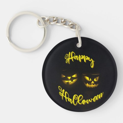 Spooky Happy Halloween eerie yellow pumpkin face Keychain
