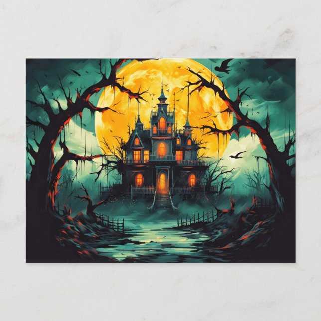 Spooky Happy Halloween Haunted House Postcard (Front)