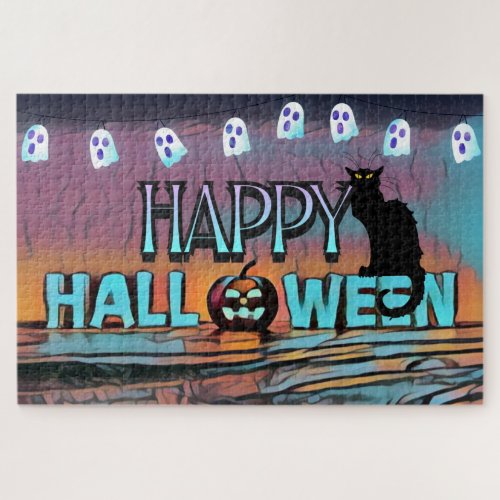 Spooky Happy Halloween Jack_o_lantern and Cat Jigsaw Puzzle