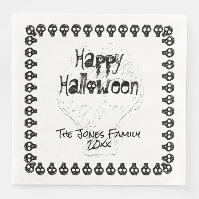 Spooky Happy Halloween Lettering | Black White Paper Dinner Napkins (Front)