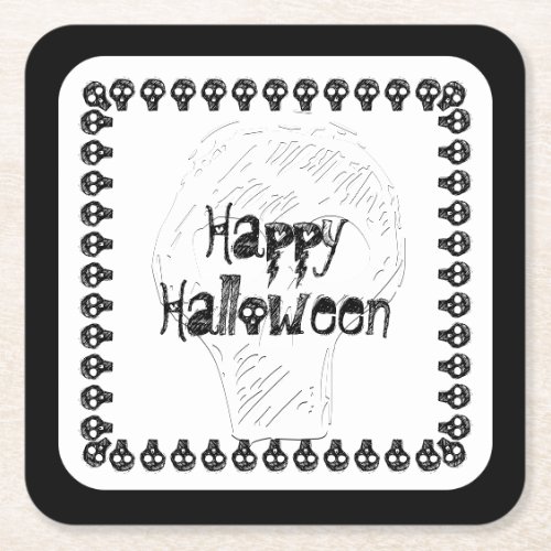 Spooky Happy Halloween Lettering  BlackWhite Square Paper Coaster