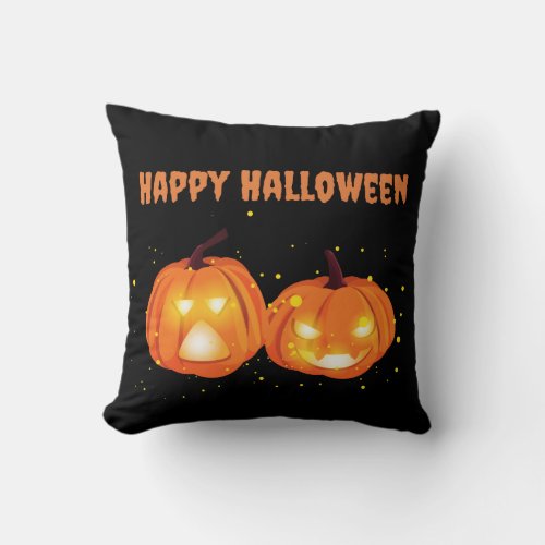 Spooky Happy Halloween Pumpkin Black Throw Pillow