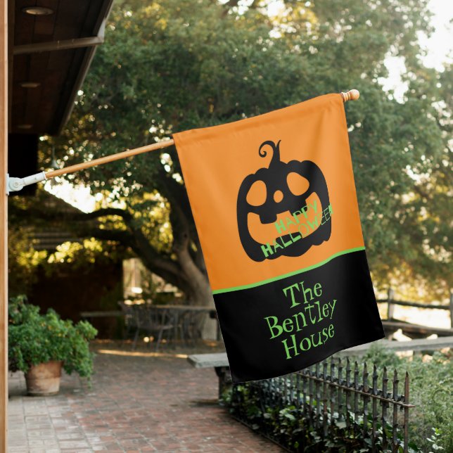 Spooky Happy Halloween Pumpkin House Flag (In SItu)