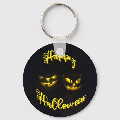 Spooky Happy Halloween text eerie pumpkin face Keychain