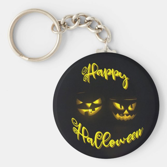 Spooky Happy Halloween text eerie pumpkin face Keychain (Front)
