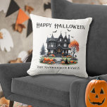 Spooky Happy Halloween Throw Pillow<br><div class="desc">Add a spooky yet charming touch to your Halloween decor with this fun and festive throw pillow. Featuring a simple black and white design, the pillow showcases a haunted house with orange accents from pumpkins, jack-o-lanterns, and a creepy tree. Playful ghost and bat illustrations complete the eerie look, while a...</div>