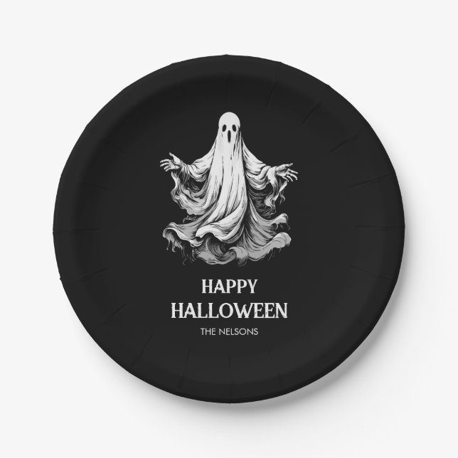 Spooky Happy Halloween with black and white ghost Paper Plates (Front)
