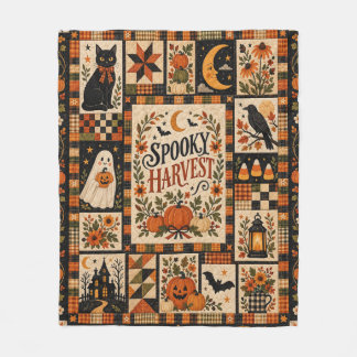Spooky Harvest Vintage Halloween Patchwork Fleece Blanket