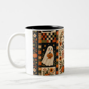Spooky Harvest Vintage Halloween Patchwork Two-Tone Coffee Mug