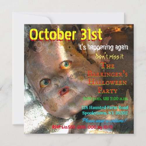 Spooky Haunted Broken Baby doll Halloween Invitation