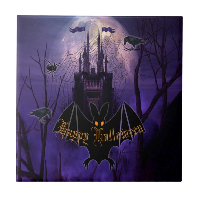 Spooky Haunted Castle Halloween Ceramic Tile (Front)