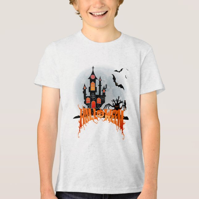 Spooky Haunted Castle Halloween Youth Bats Trick  Tri-Blend Shirt (Front)