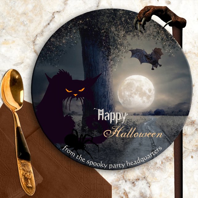 Spooky Haunted Halloween Black Cat Paper Plates (Haunted Halloween paper plates showing a night scene with black cat, spider and bat at full moon)