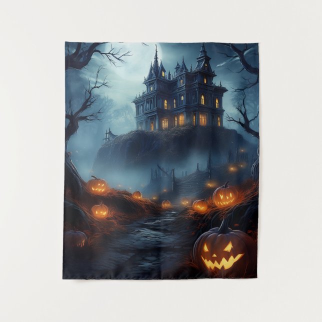 Spooky Haunted Halloween House On A Hill Tapestry (Front)