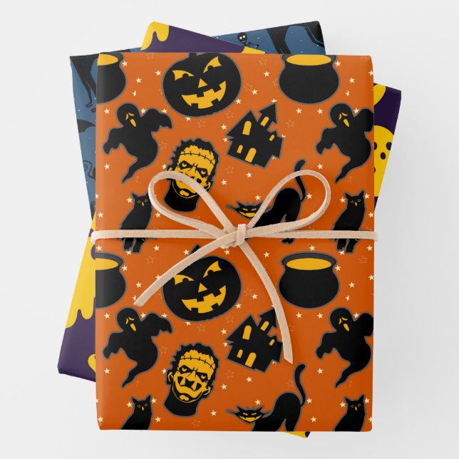 Spooky Haunted Halloween Pattern Wrapping Paper Sheets (In situ)